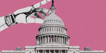 a hand of a robot touching the tip of the Congress building