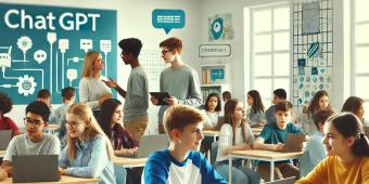 AI-generated picture of students in the classroom with "ChatGPT" written on the blackboard